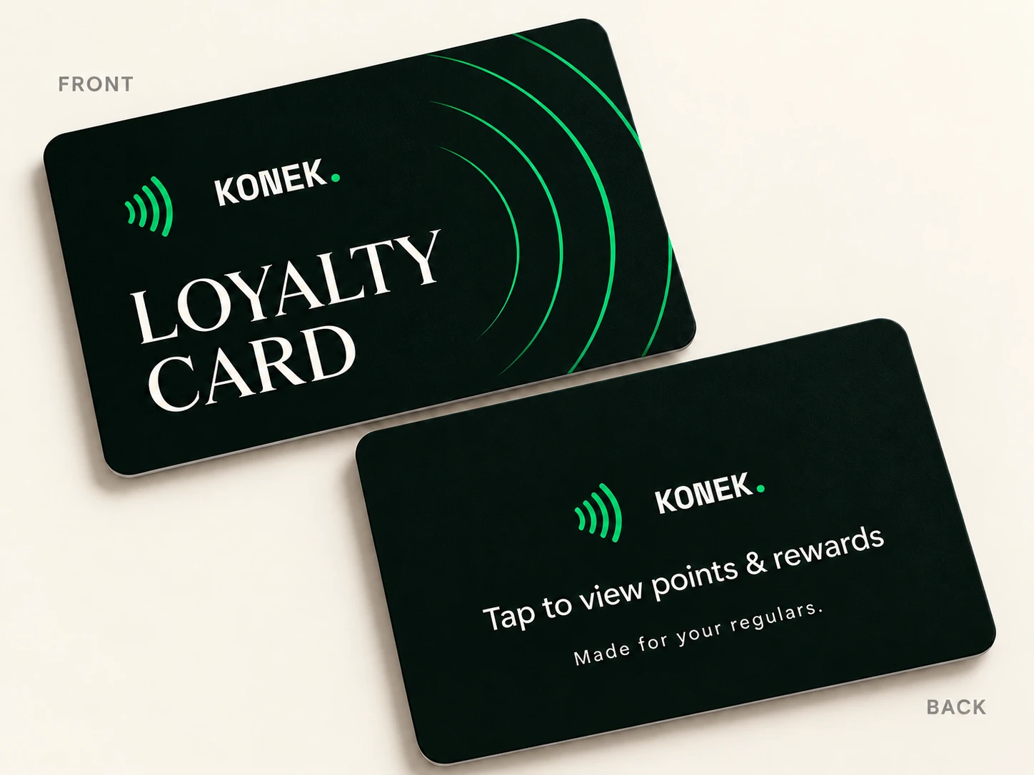 Front and back of a dark green KONEK NFC loyalty card